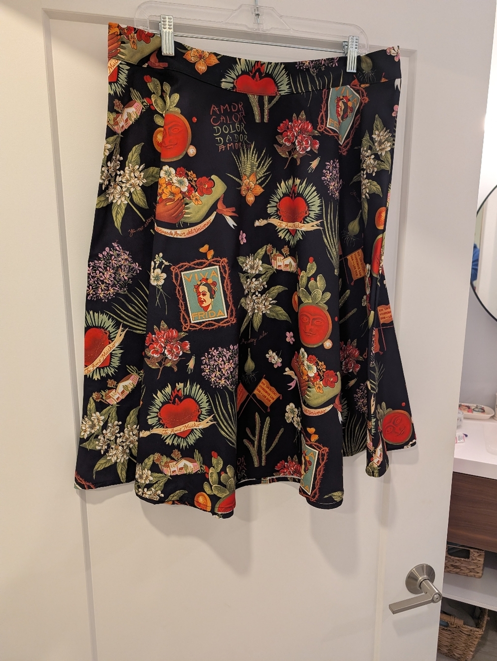 Frida Kahlo Print. Floral & Heart Print Black A-Line Skirt